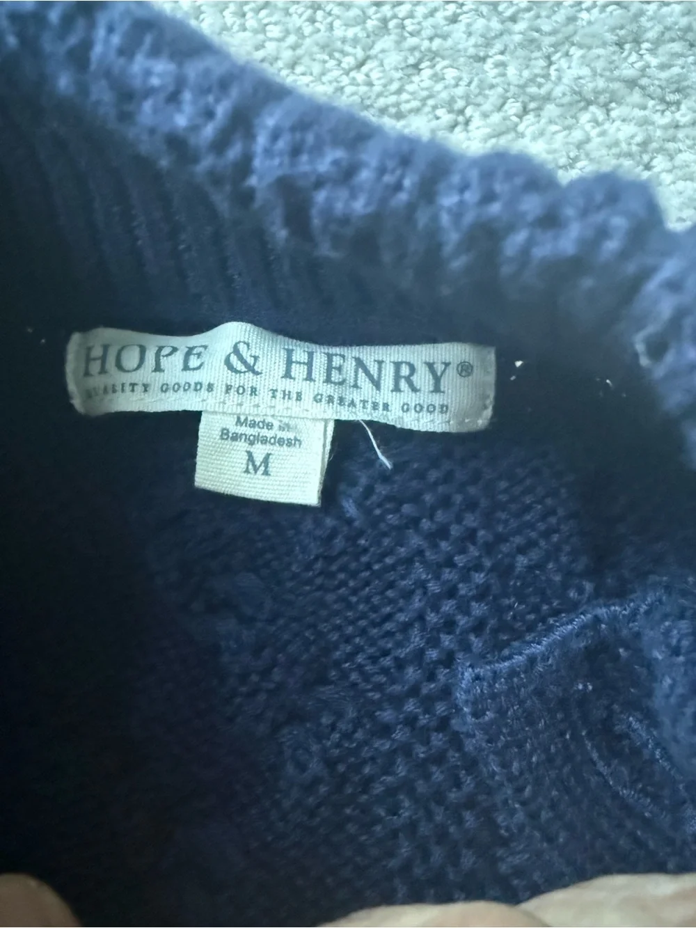 Hope & Henry Boys M Navy Cable Knit Button Mock Neck Sweater